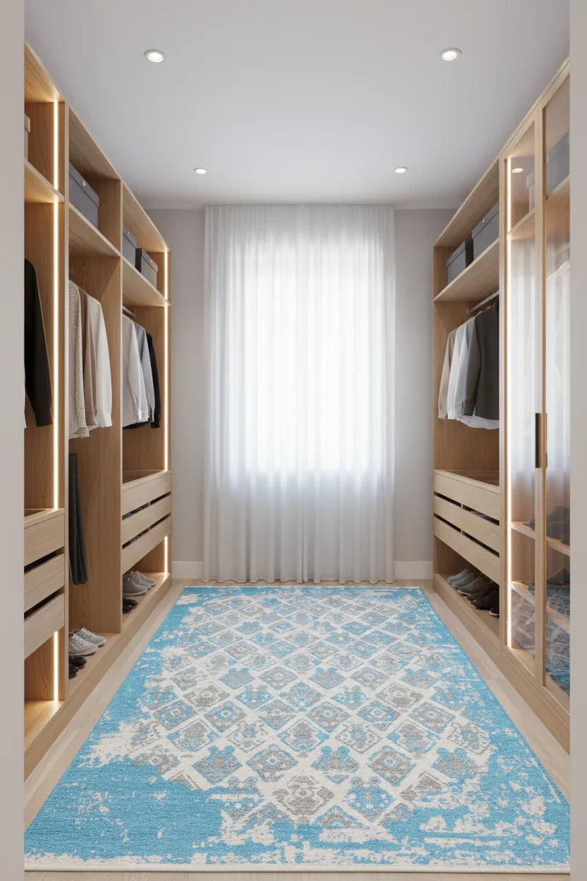 Mavi Gri Çift Taraflı Modern Vintage Yıkanabilir Antibakteriyel Halı