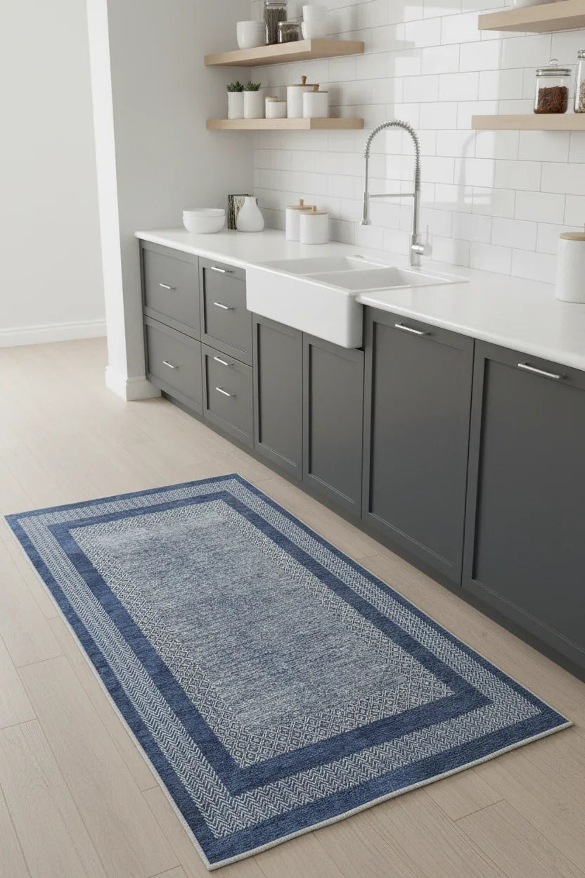 Mavi Modern Yıkanabilir Antibakteriyel Salon Halısı