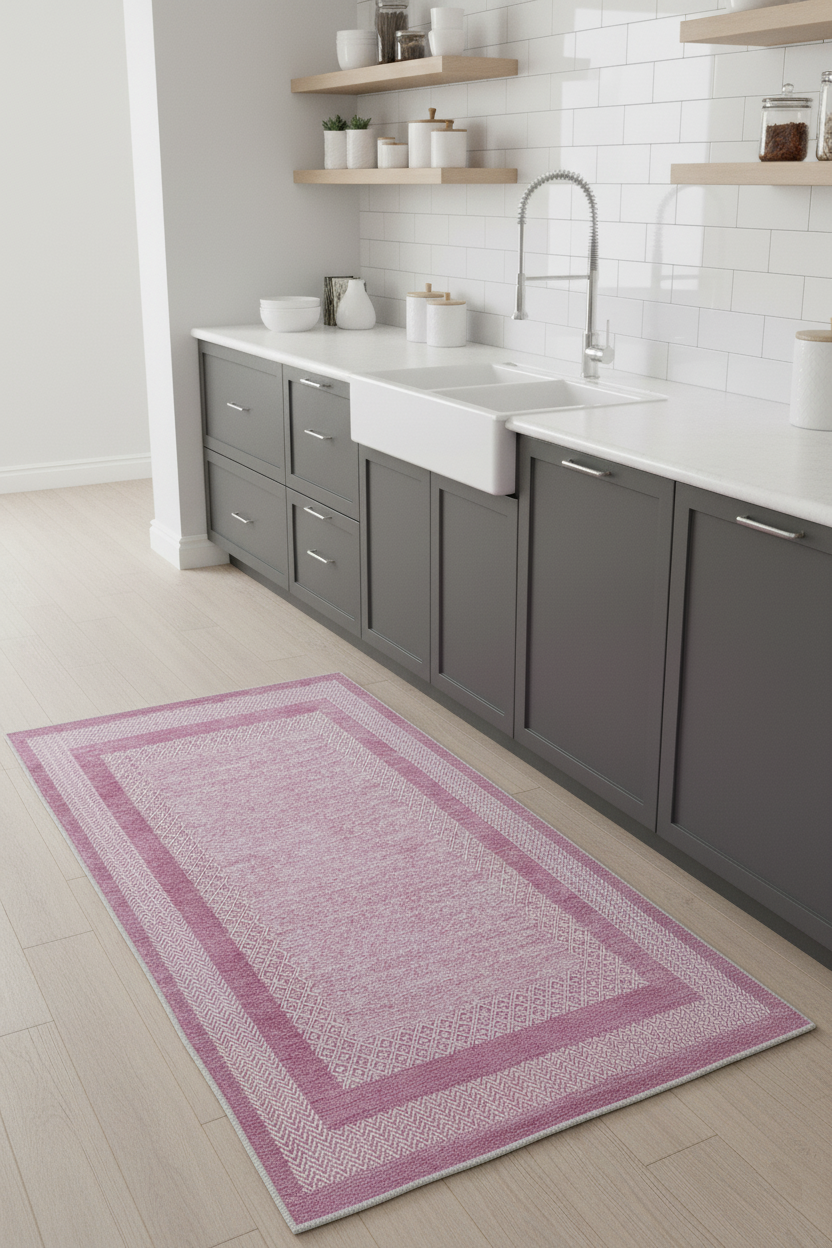Pembe Modern Yıkanabilir Antibakteriyel Salon Halısı