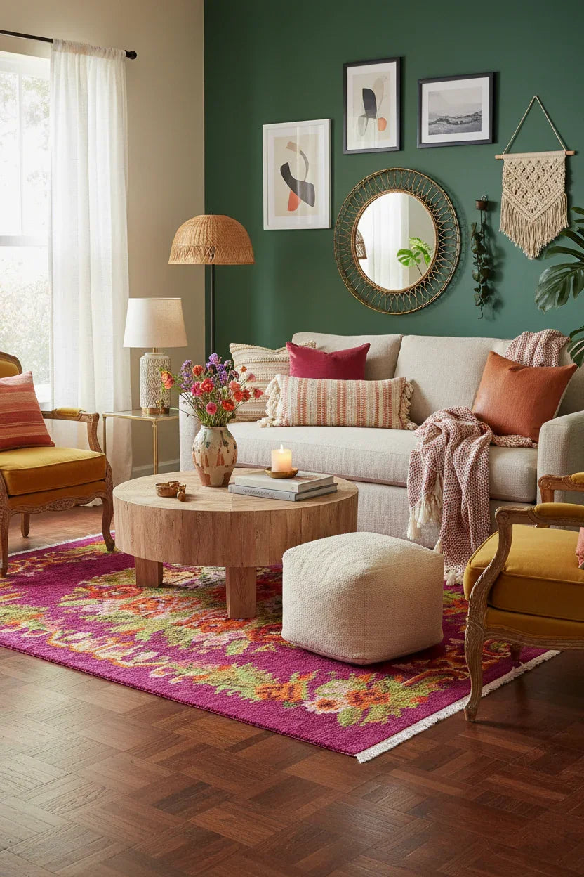 Soho Karabağ Dekoratif Bohem Çiçekli Pembe Kilim Halı