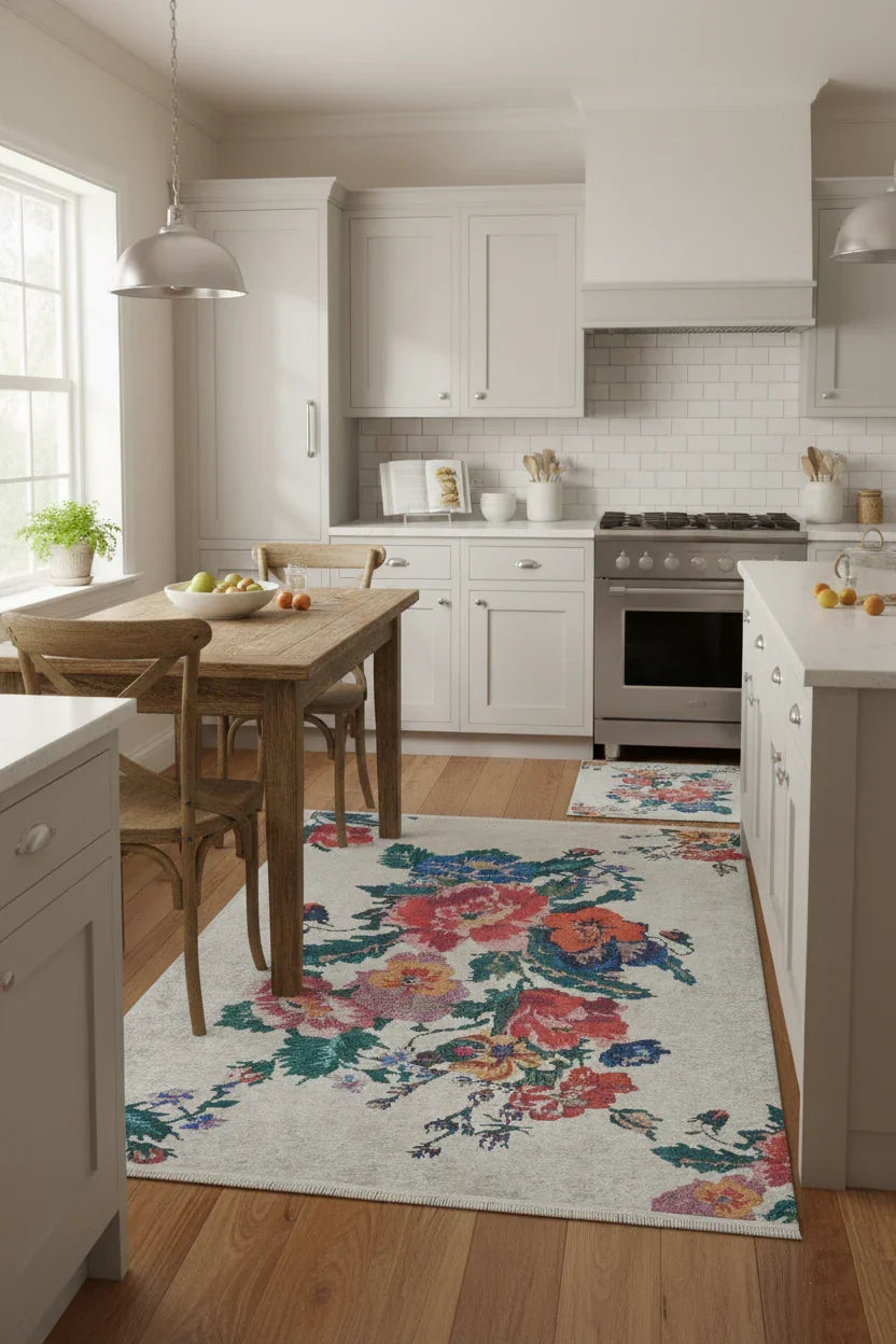 Karabağ Beyaz Çiçekli Dekoratif Halı