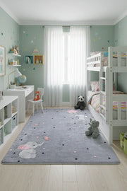 Fil ve Yıldız Desenli Gri Yıkanabilir Çocuk Halısı