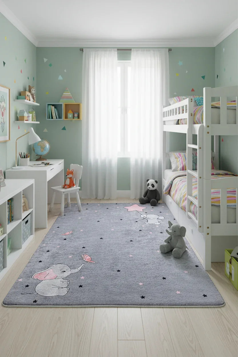 Fil ve Yıldız Desenli Gri Yıkanabilir Çocuk Halısı