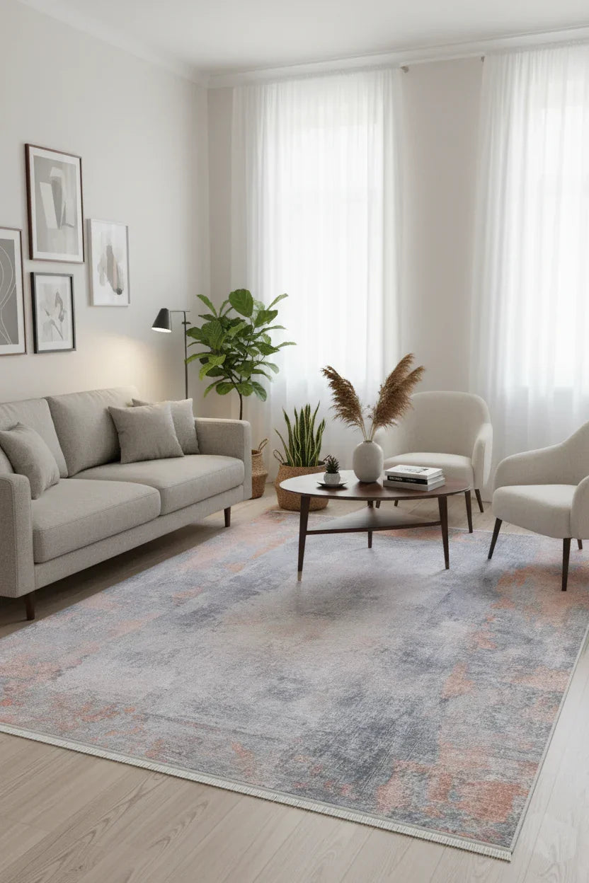 Modern Gri ve Bakır Tonlu Soyut Desenli Yıkanabilir Halı