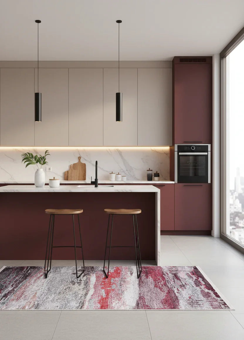 Canlı Kırmızı ve Gri Modern Soyut Sanat Halısı