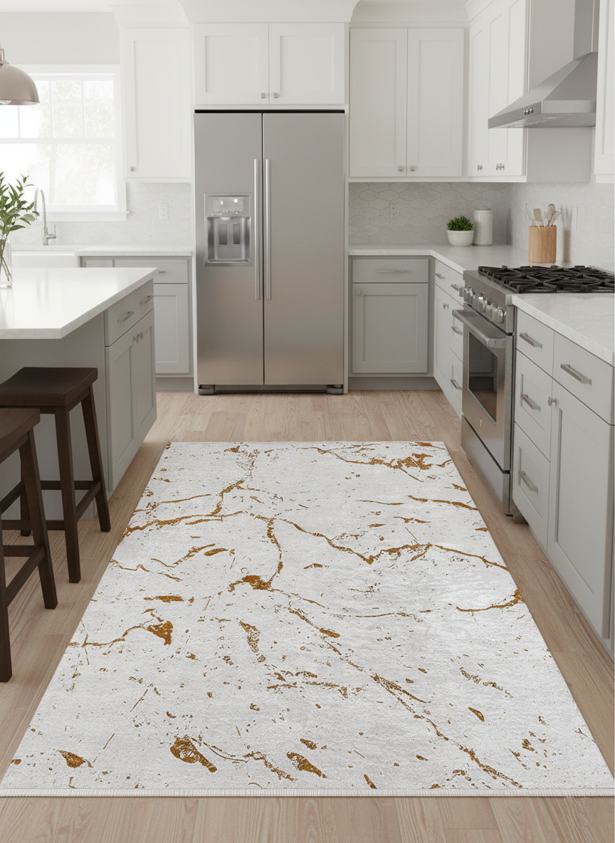 Cream Gold Modern Carpet with Marble Pattern