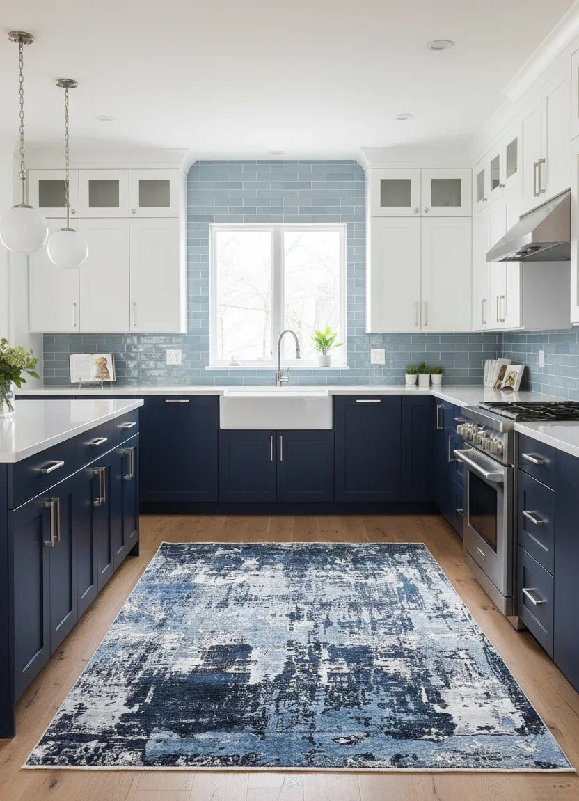 Lacivert ve Beyaz Yoğun Modern Soyut Sanat Halısı