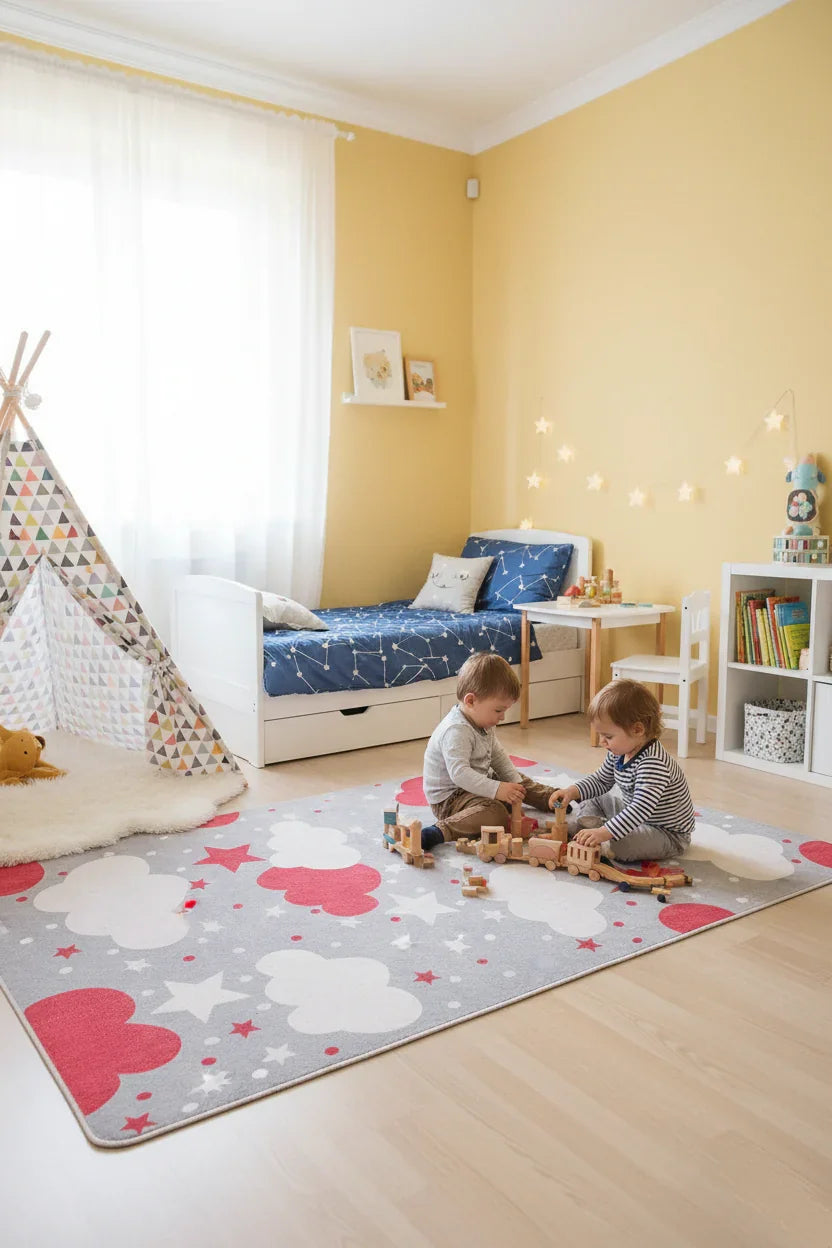 Bulut Yıldız Gri Kırmızı Çocuk Halısı