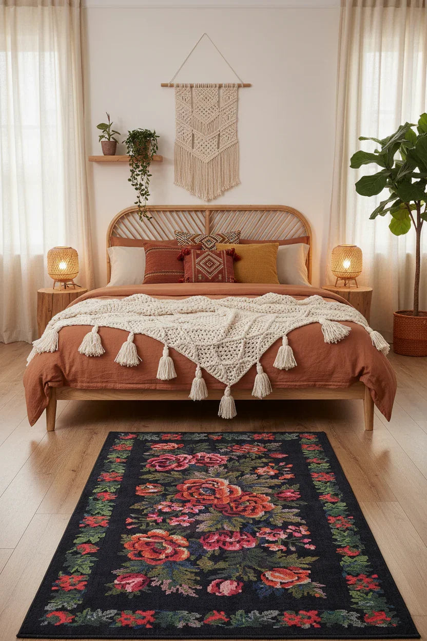 Gül Desenli Siyah Karabağ Kilim Halı