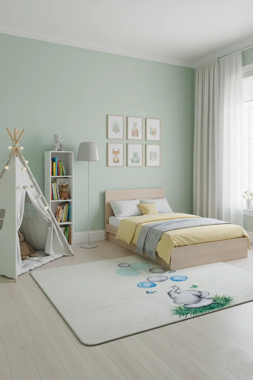 Balonlu Fil Desenli Gri Yıkanabilir Çocuk Halısı