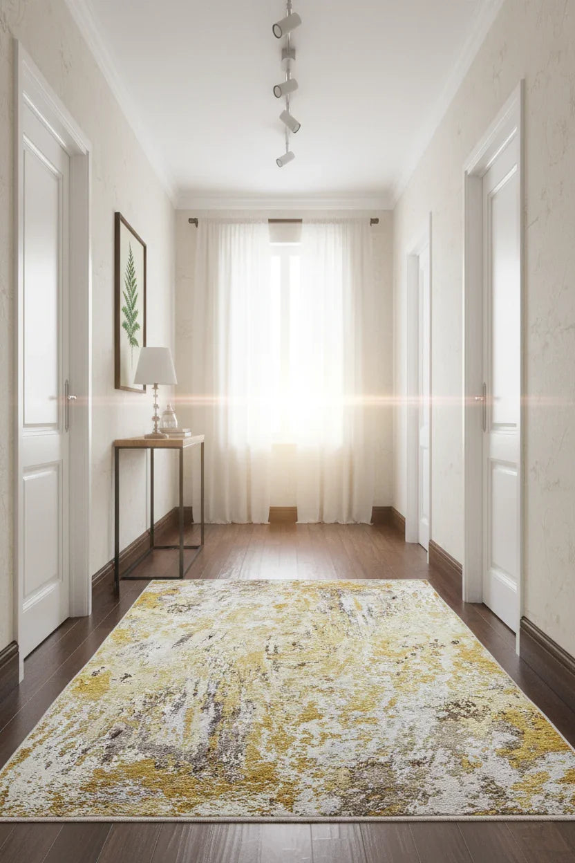 Sarı, Altın ve Gri Modern Lüks Soyut Sanat Halısı