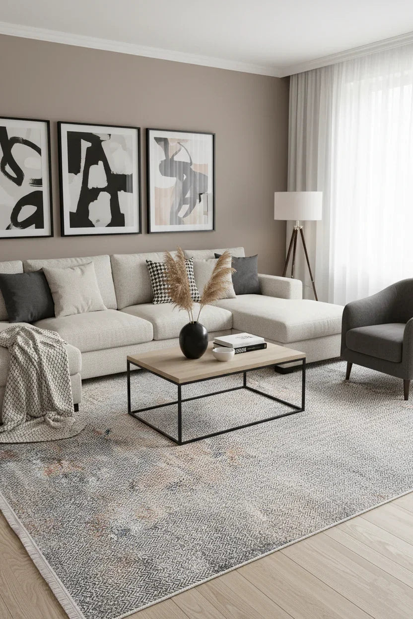 Gri, Pas ve Siyah Zikzak Desenli Modern Soyut Halı