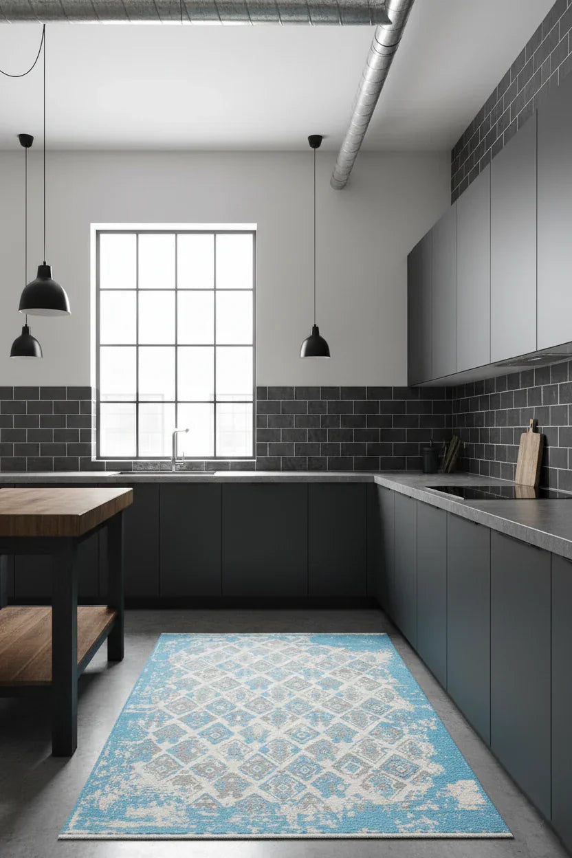 Mavi Gri Çift Taraflı Modern Vintage Yıkanabilir Antibakteriyel Halı