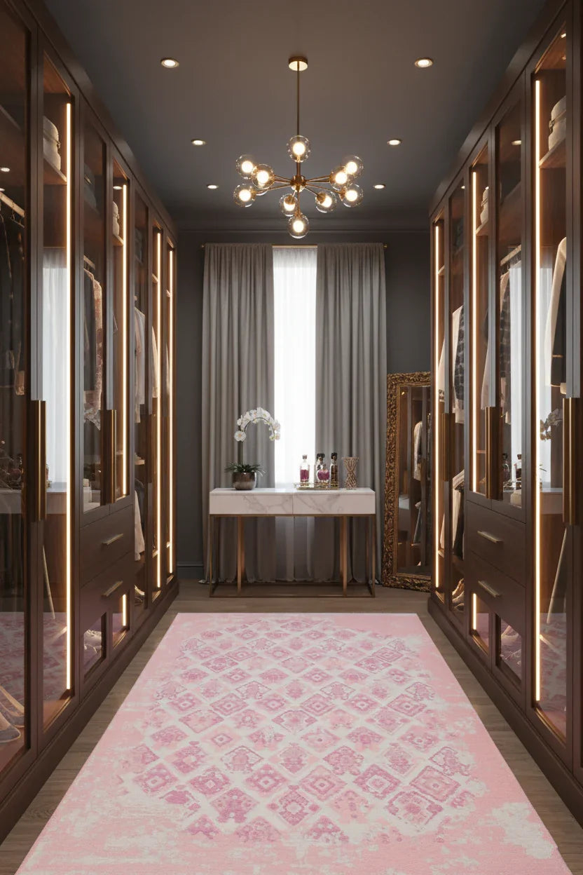 Pembe Çift Taraflı Modern Vintage Yıkanabilir Antibakteriyel Halı