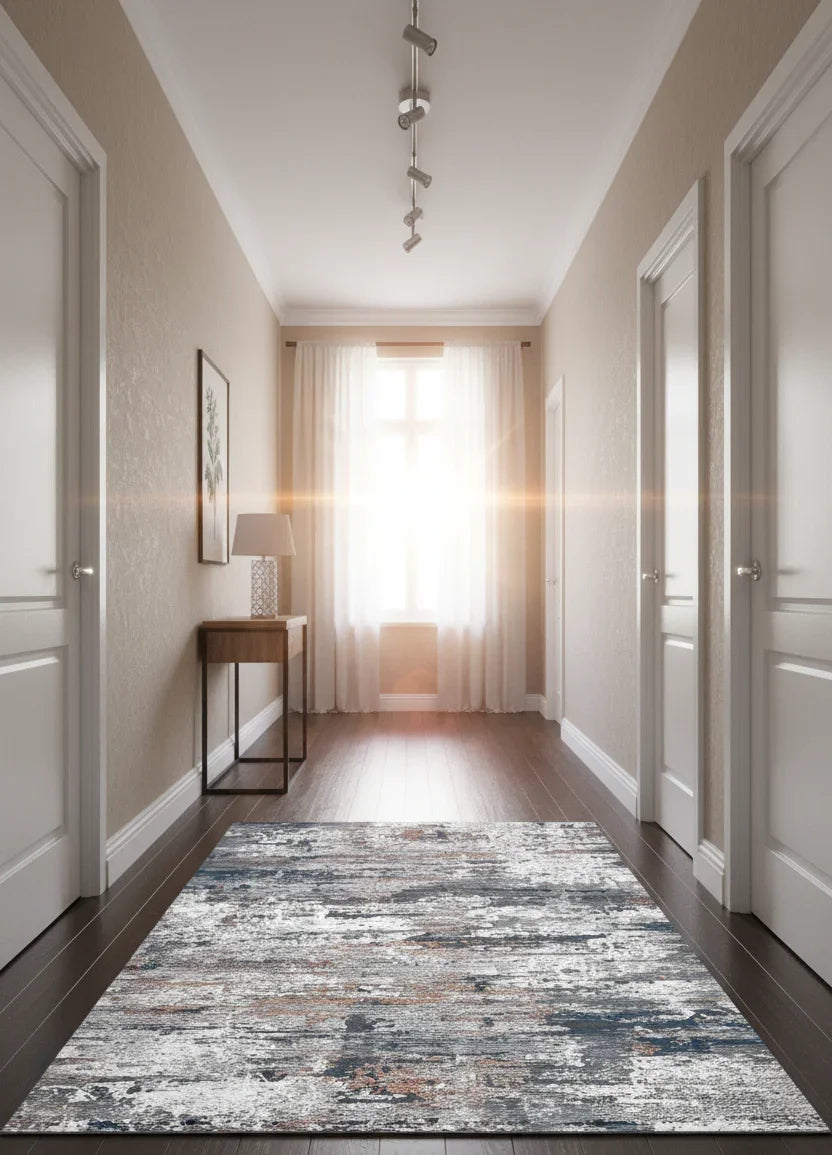 Gri, Beyaz ve Pas Tonlarında Modern Soyut Sanat Halısı