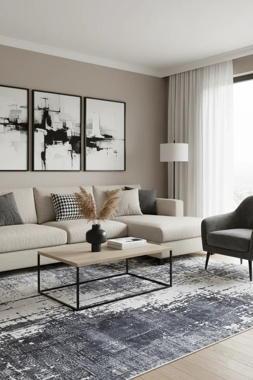 Siyah, Füme ve Beyaz Modern Soyut Sanat Halısı