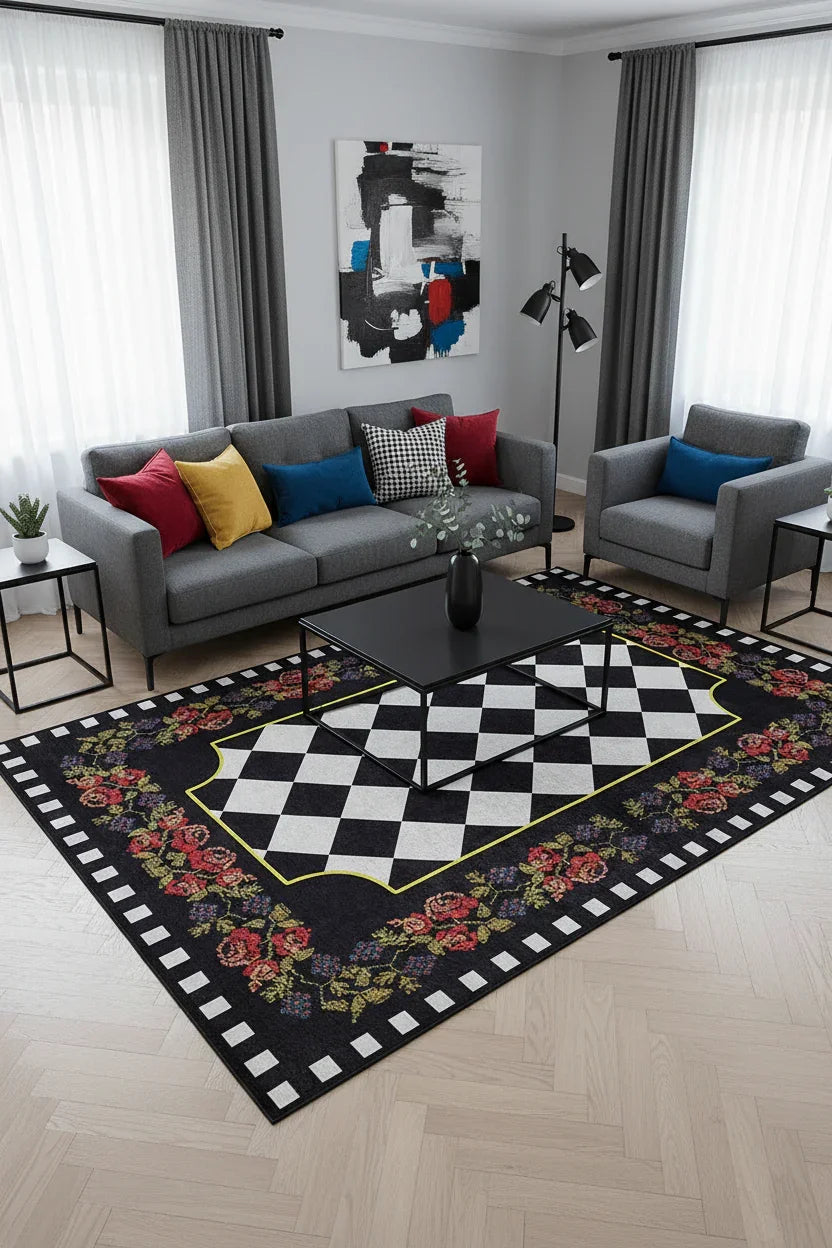 Karabağ Çiçek Desenli Geometrik Siyah Kırmızı Dekoratif Halı