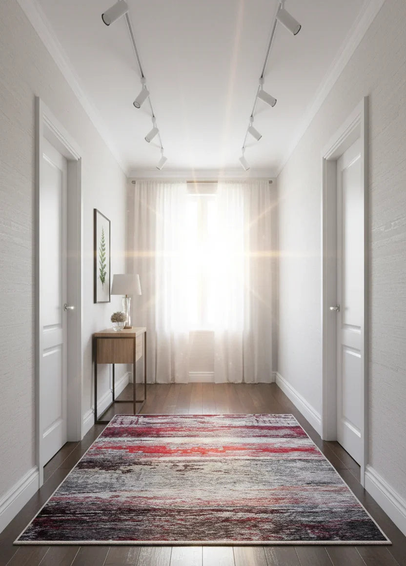 Canlı Kırmızı ve Gri Modern Soyut Sanat Halısı