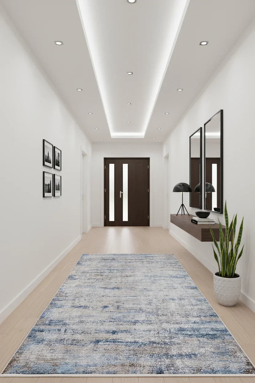 Gri, Bej ve Mavi Modern Soyut Sanat Halısı