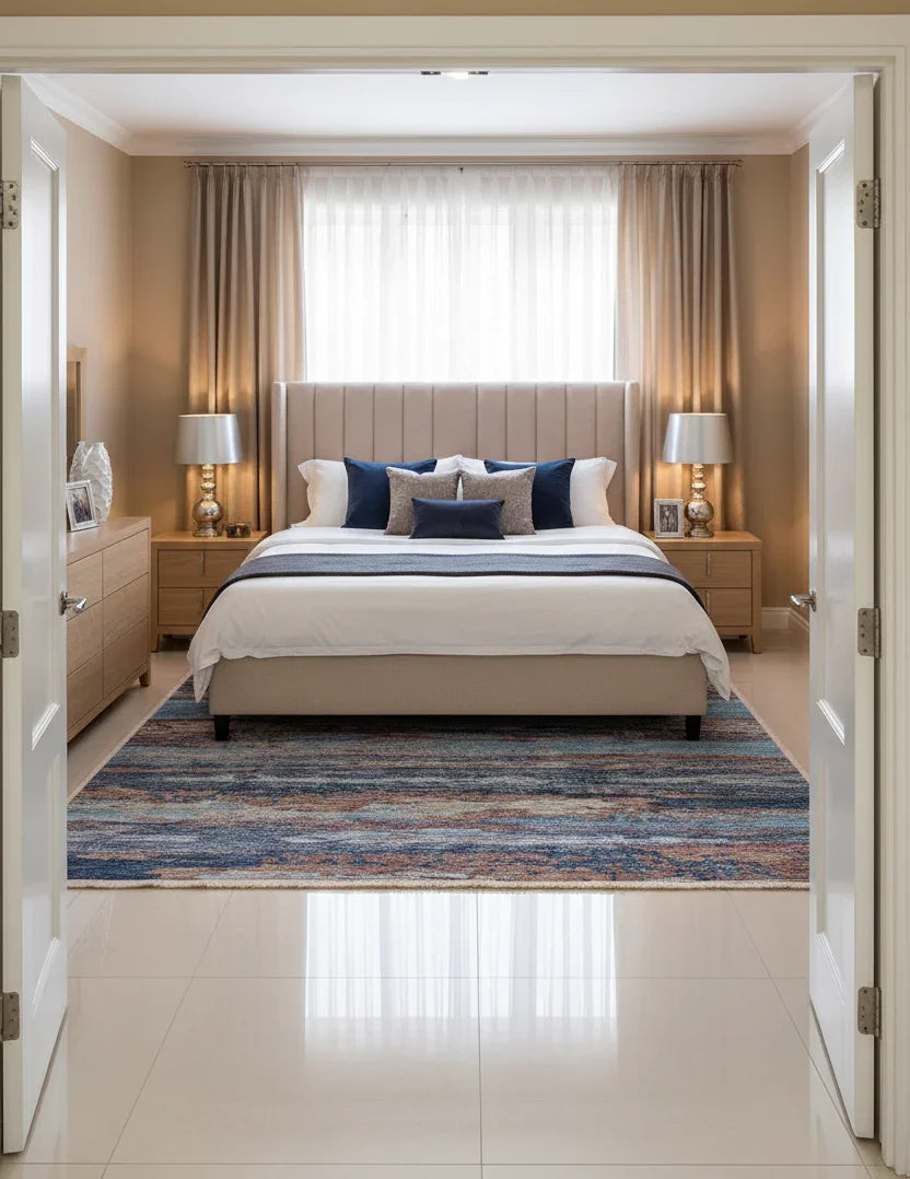 Mavi ve Pas Tonlarında Modern Soyut Sanat Halısı