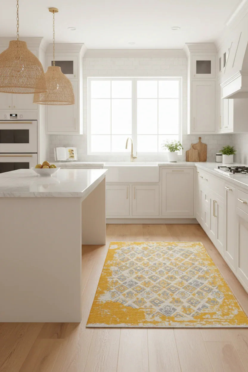 Gri Sarı Çift Taraflı Modern Vintage Yıkanabilir Antibakteriyel Halı