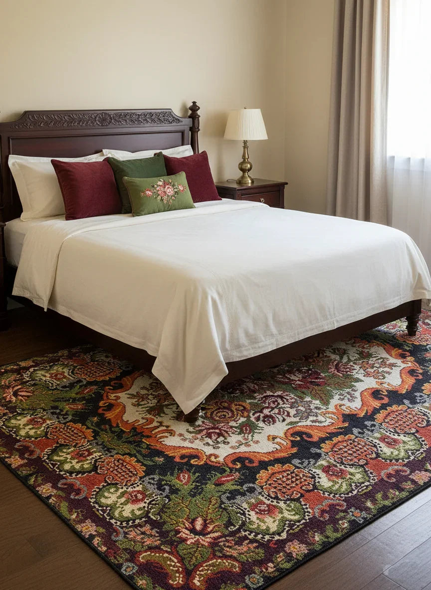 Gül Desenli Siyah Karabağ Kilim Halı