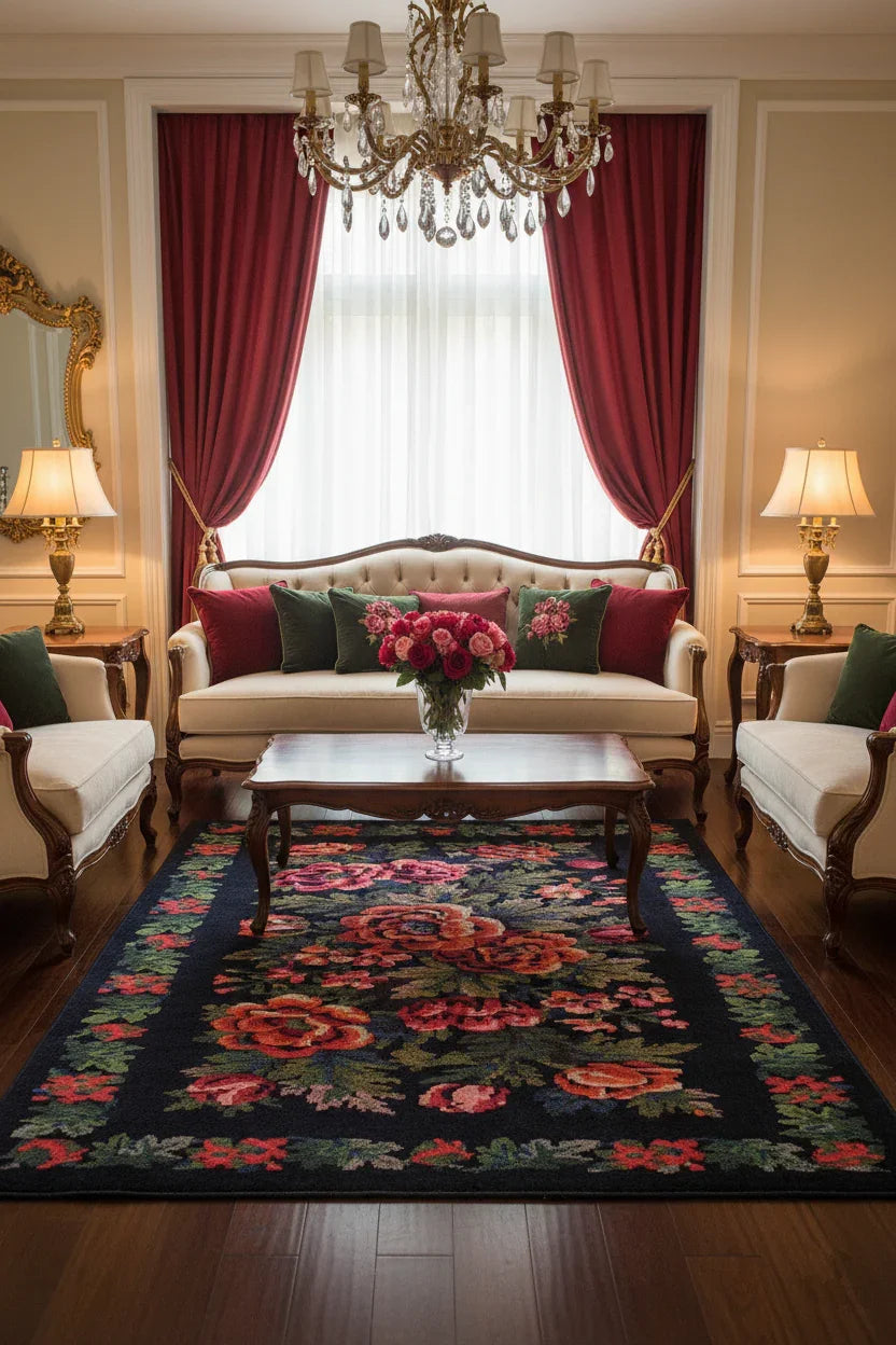 Gül Desenli Siyah Karabağ Kilim Halı