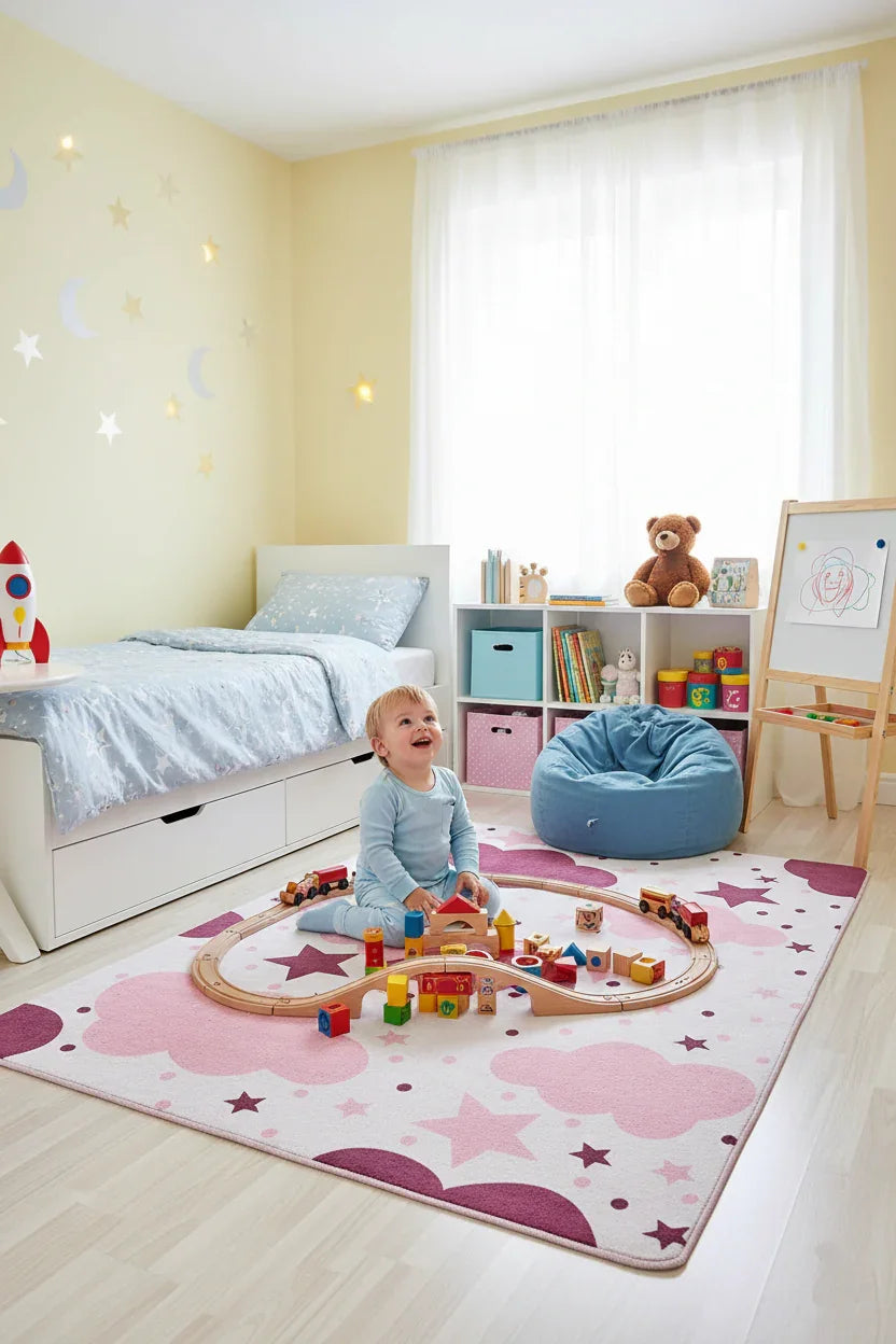 Bulut Yıldız Pembe Krem Çocuk Halısı