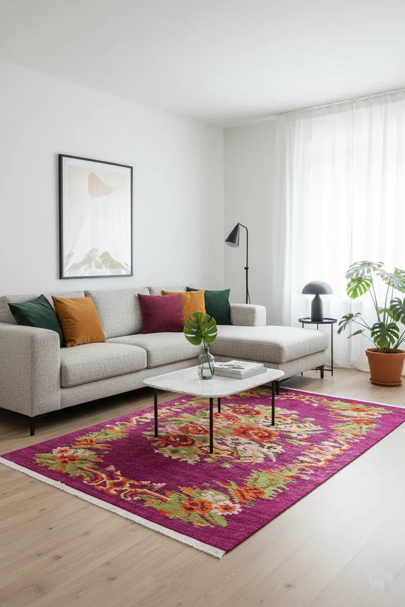 Soho Karabağ Dekoratif Bohem Çiçekli Pembe Kilim Halı