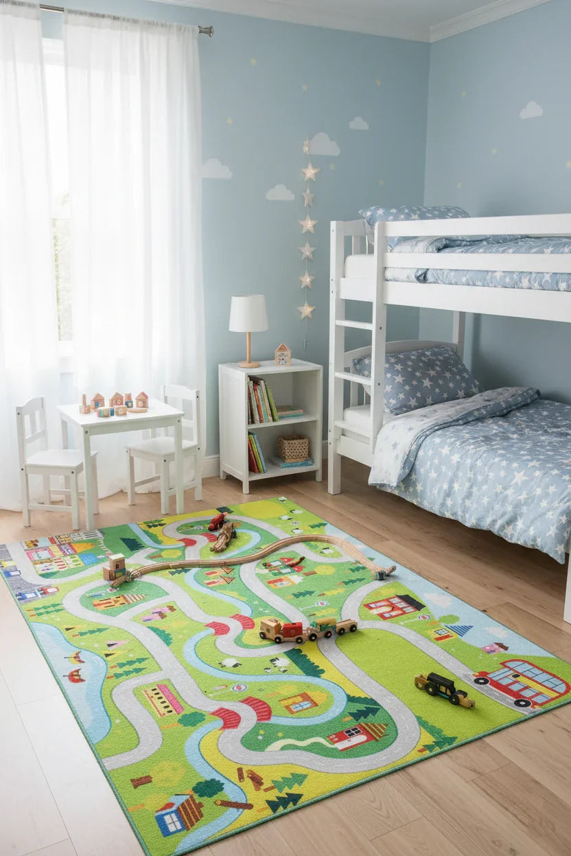 Şehir Haritası Desenli Yeşil Çocuk Halısı