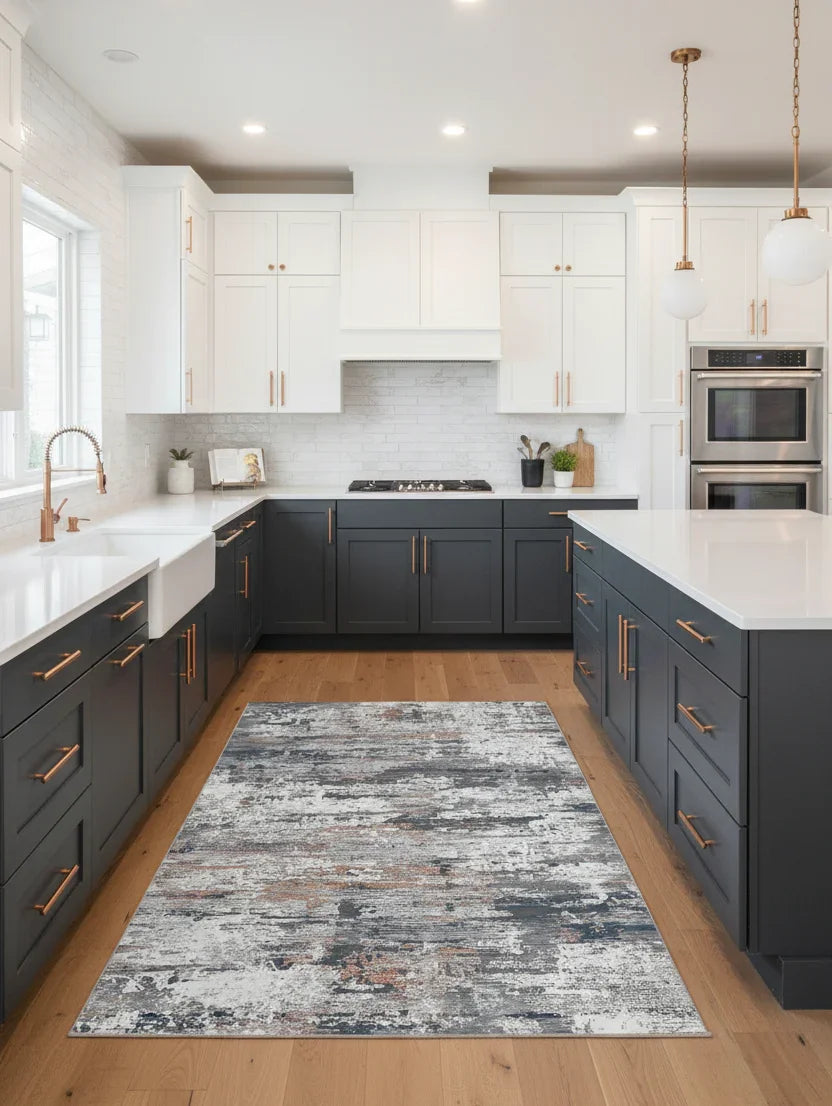 Gri, Beyaz ve Pas Tonlarında Modern Soyut Sanat Halısı