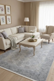 Açık Mavi ve Buz Grisi Gümüş Modern Klasik Eskitme Efektli Yıkanabilir Halı