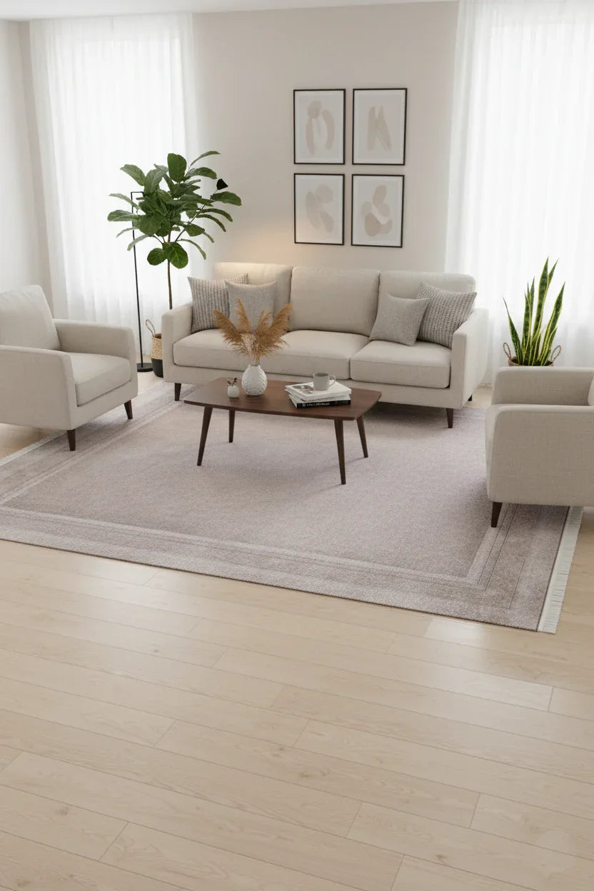 Sade Modern Bordürlü Açık Gri-Bej Yıkanabilir Halı