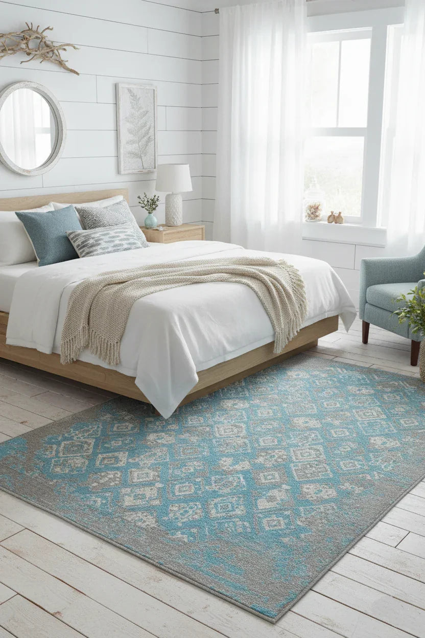 Mavi Gri Çift Taraflı Modern Vintage Yıkanabilir Antibakteriyel Halı