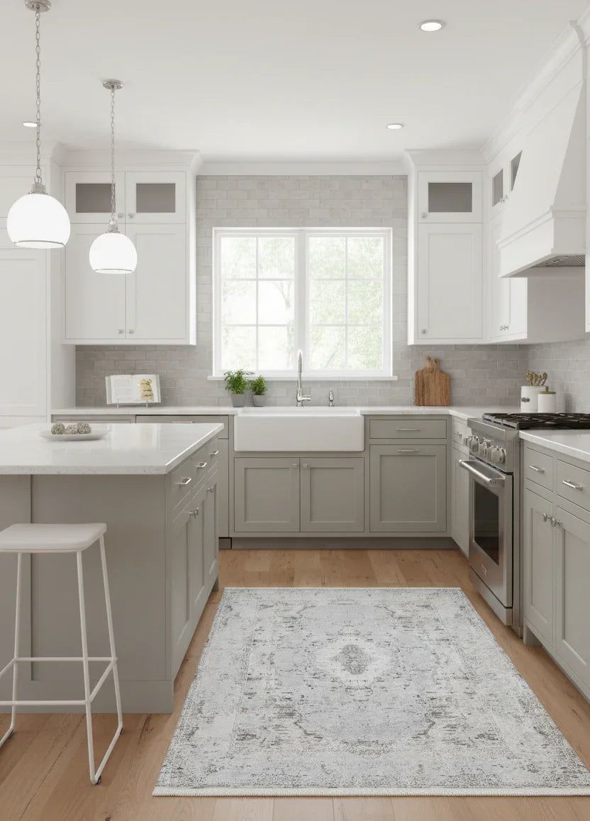 Açık Gri Vintage Desenli Modern Eskitme Efektli Yıkanabilir Halı