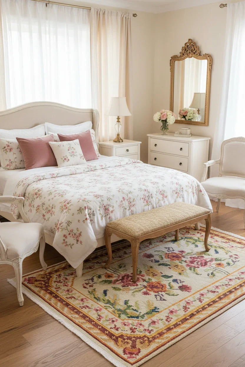 Karabağ Tarzı Bej Çiçek Desenli Halı