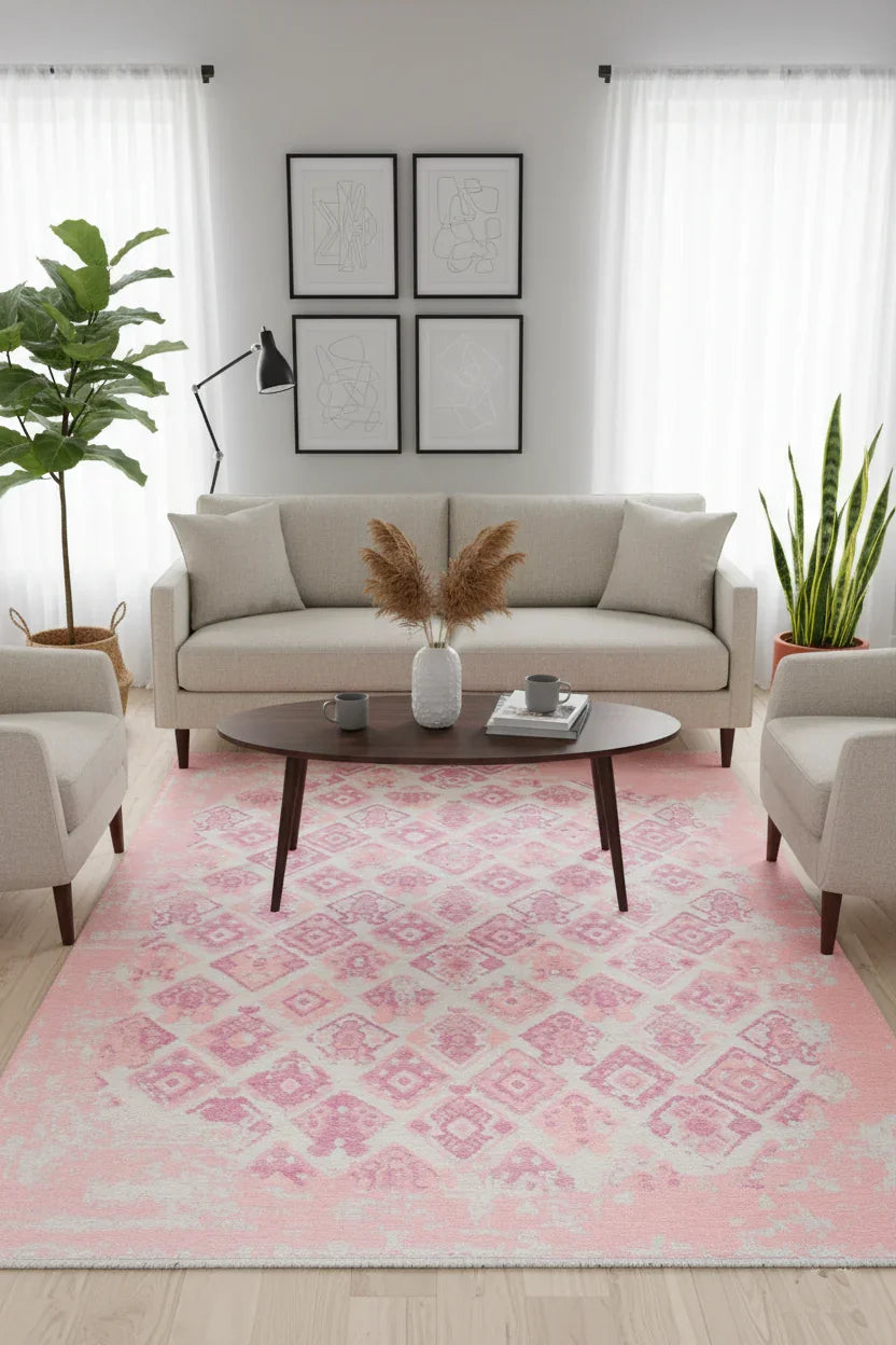 Pembe Çift Taraflı Modern Vintage Yıkanabilir Antibakteriyel Halı