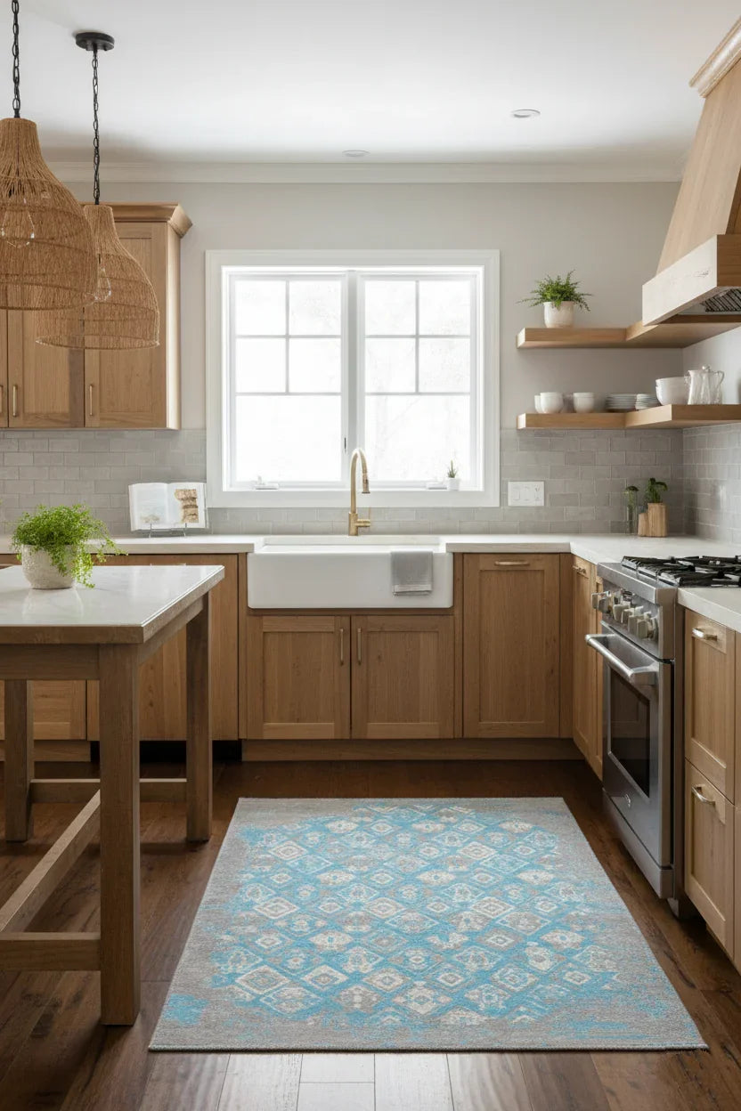 Mavi Gri Çift Taraflı Modern Vintage Yıkanabilir Antibakteriyel Halı