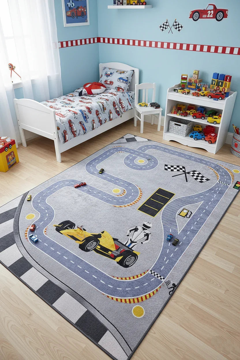 Formula 1 Desenli Gri Çocuk Odası Halısı