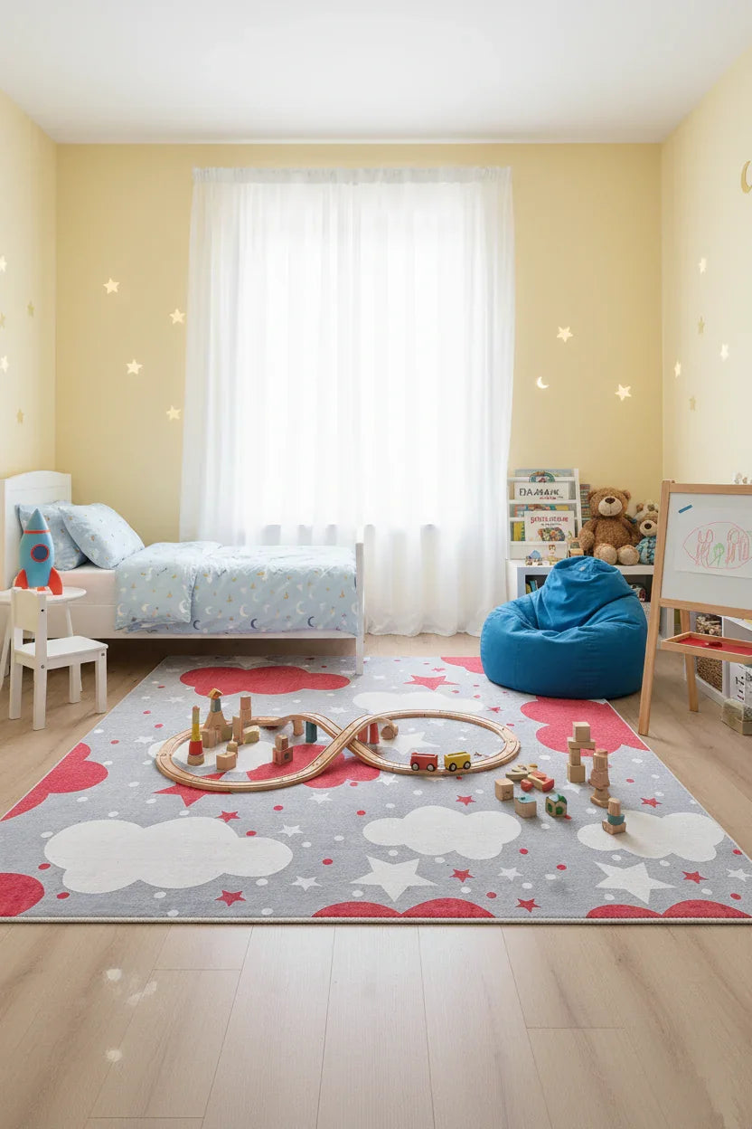 Bulut Yıldız Gri Kırmızı Çocuk Halısı