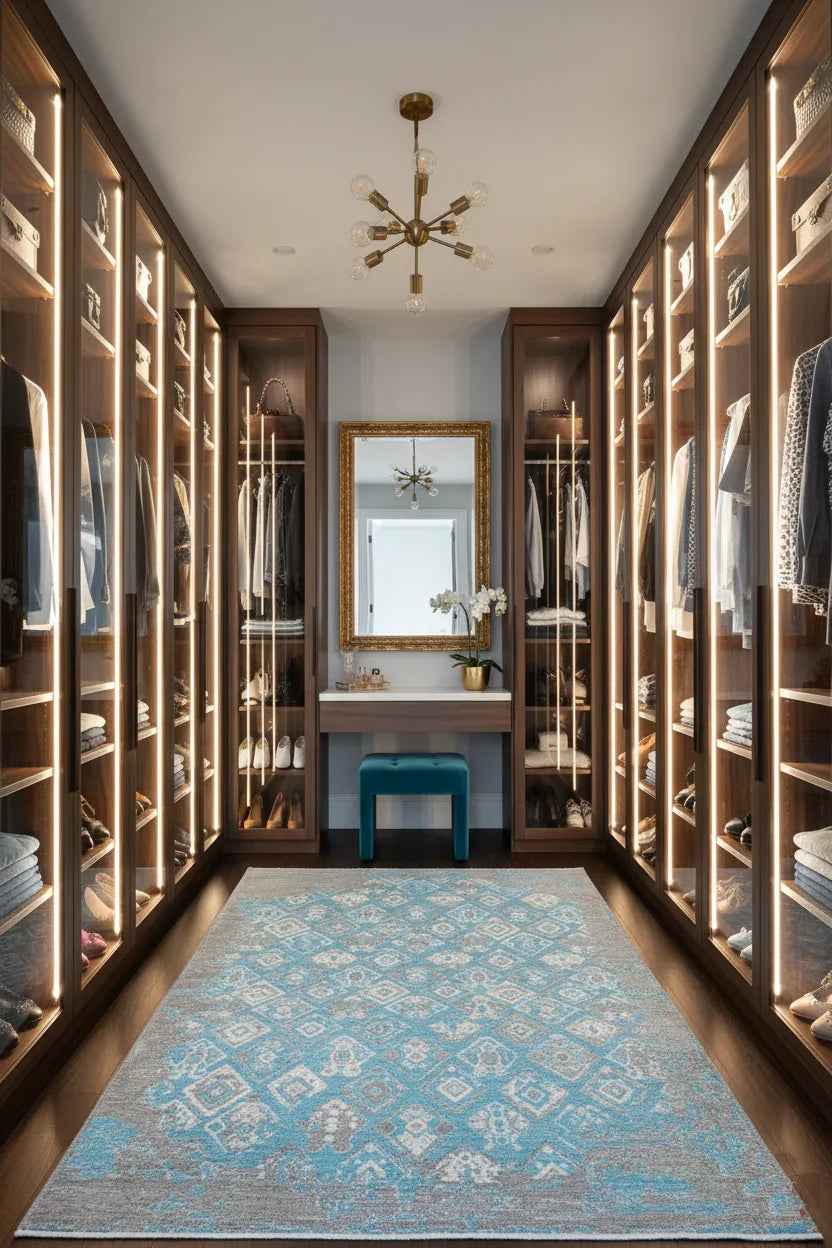 Mavi Gri Çift Taraflı Modern Vintage Yıkanabilir Antibakteriyel Halı