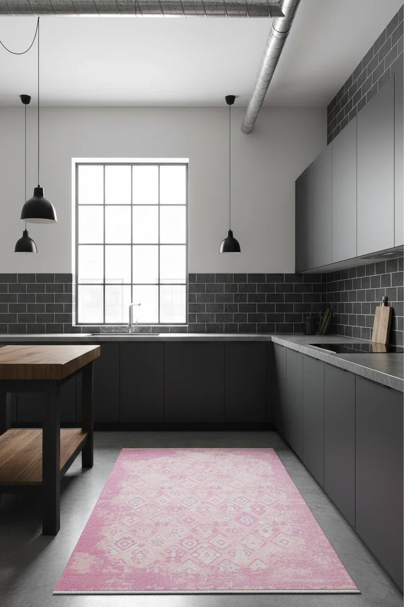 Pembe Çift Taraflı Modern Vintage Yıkanabilir Antibakteriyel Halı