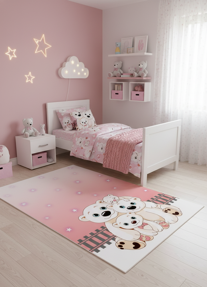 Sevimli Kutup Ayıları Ailesi Pembe Yıldızlı Çocuk Halısı