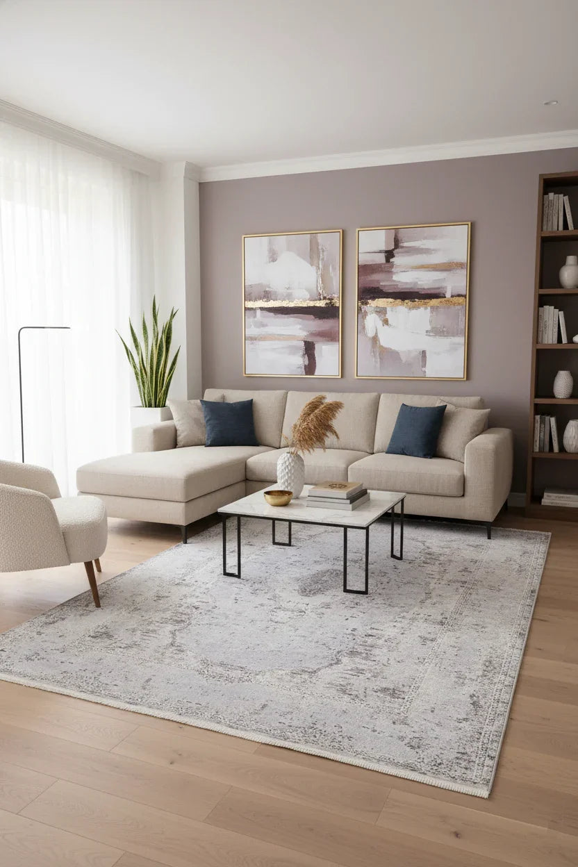 Açık Gri Vintage Desenli Modern Eskitme Efektli Yıkanabilir Halı