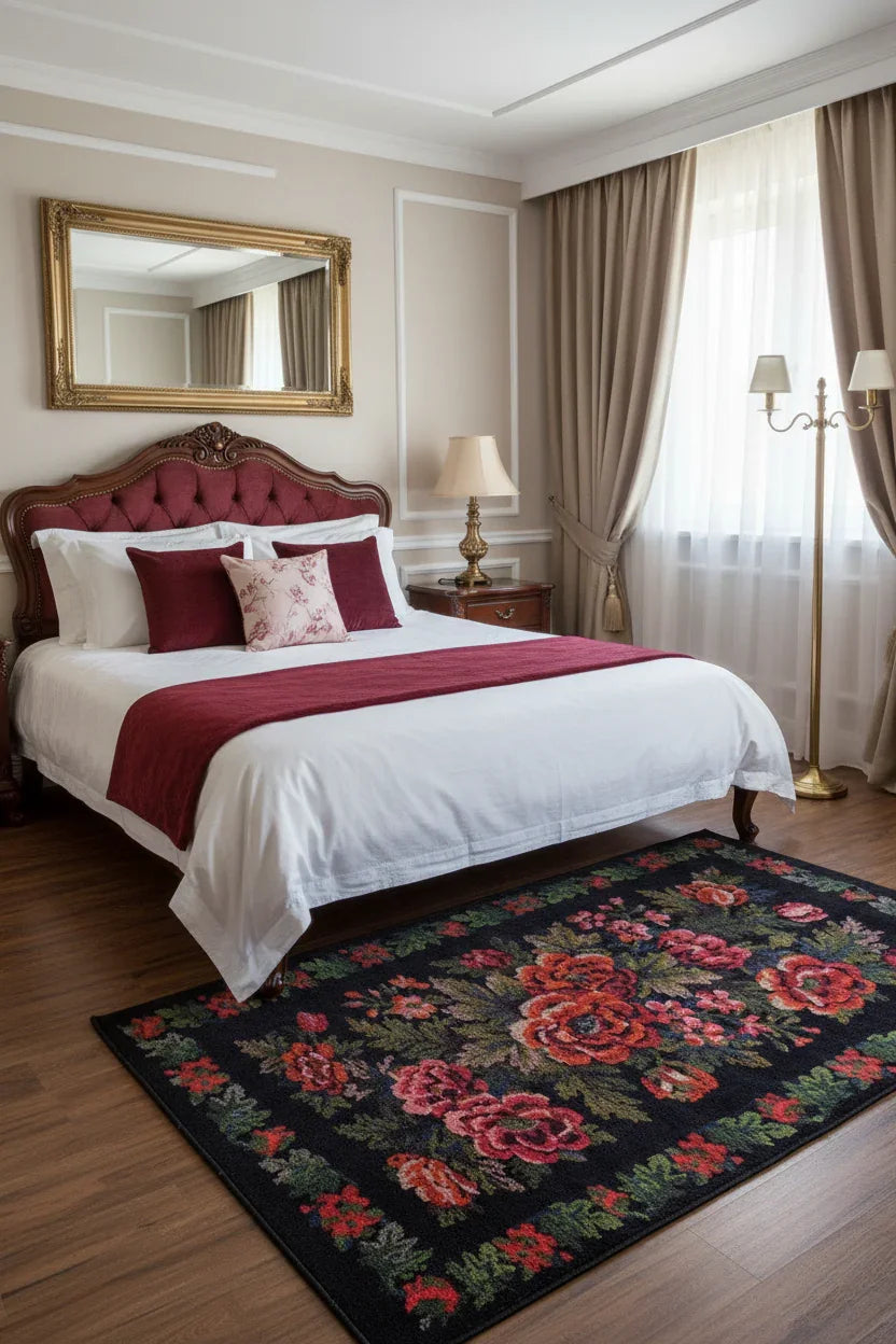 Gül Desenli Siyah Karabağ Kilim Halı