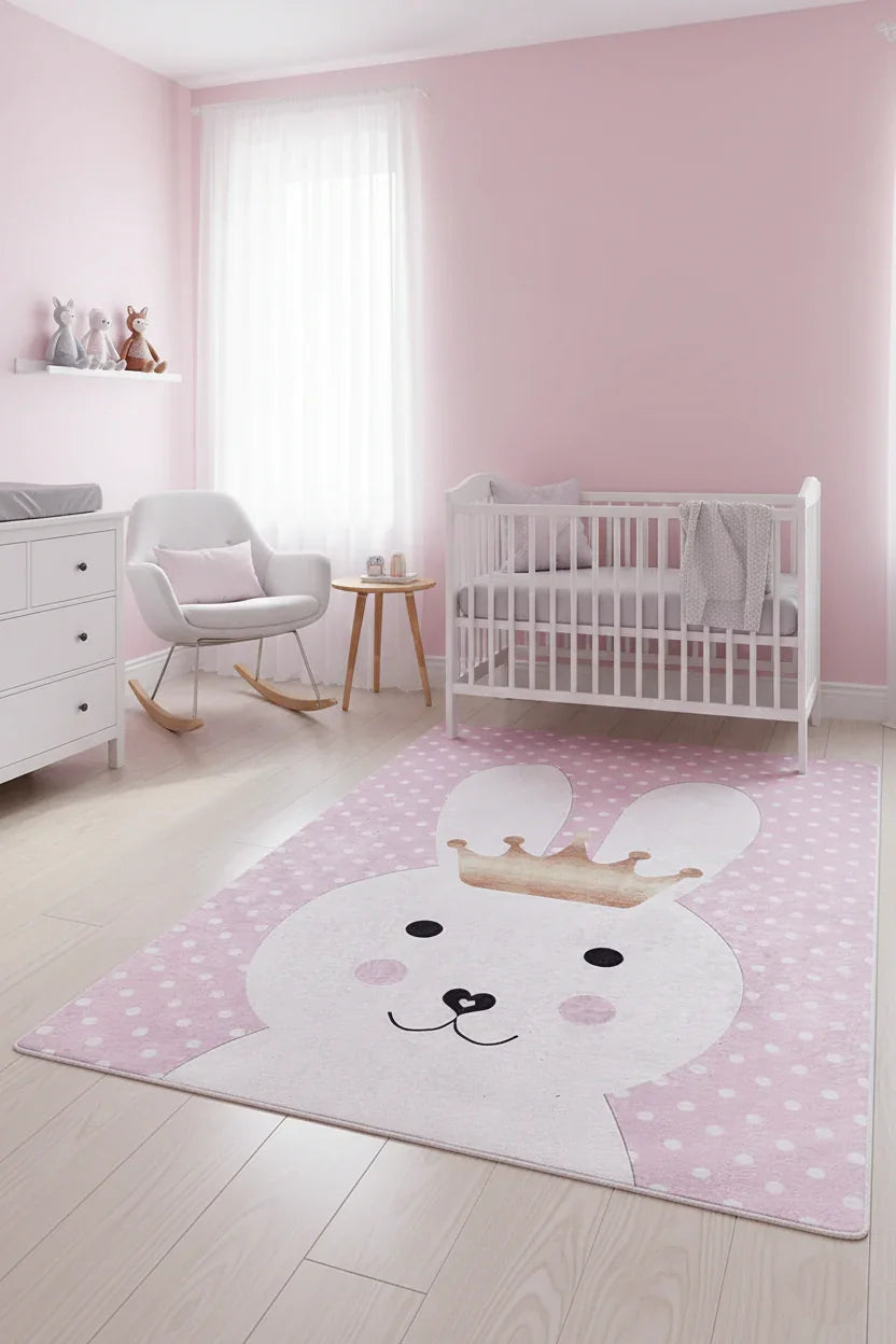 Taçlı Tavşan Desenli Pembe Yıkanabilir Çocuk Halısı