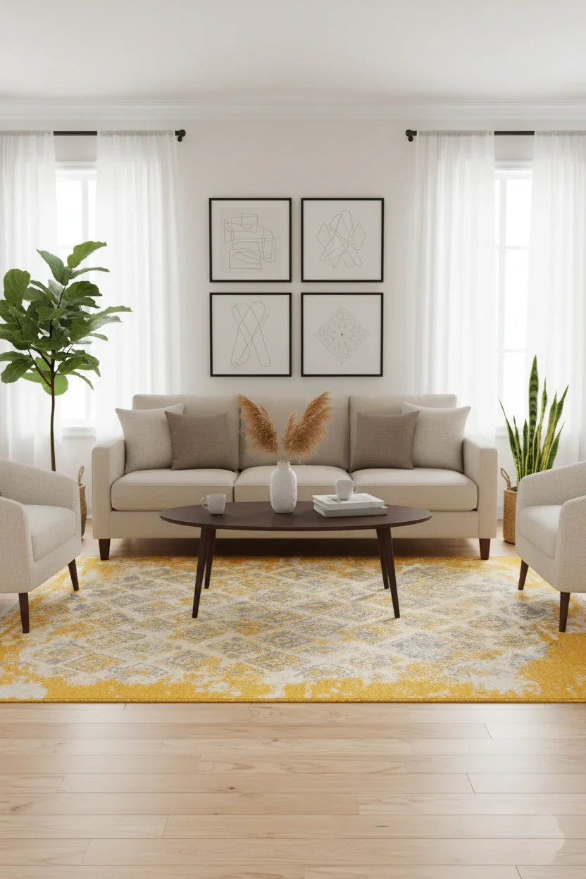 Gri Sarı Çift Taraflı Modern Vintage Yıkanabilir Antibakteriyel Halı