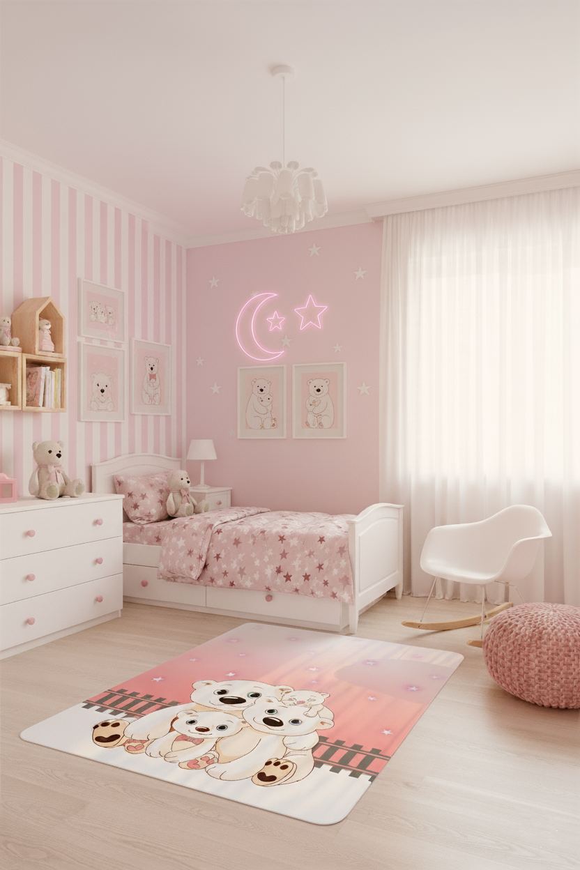 Sevimli Kutup Ayıları Ailesi Pembe Yıldızlı Çocuk Halısı