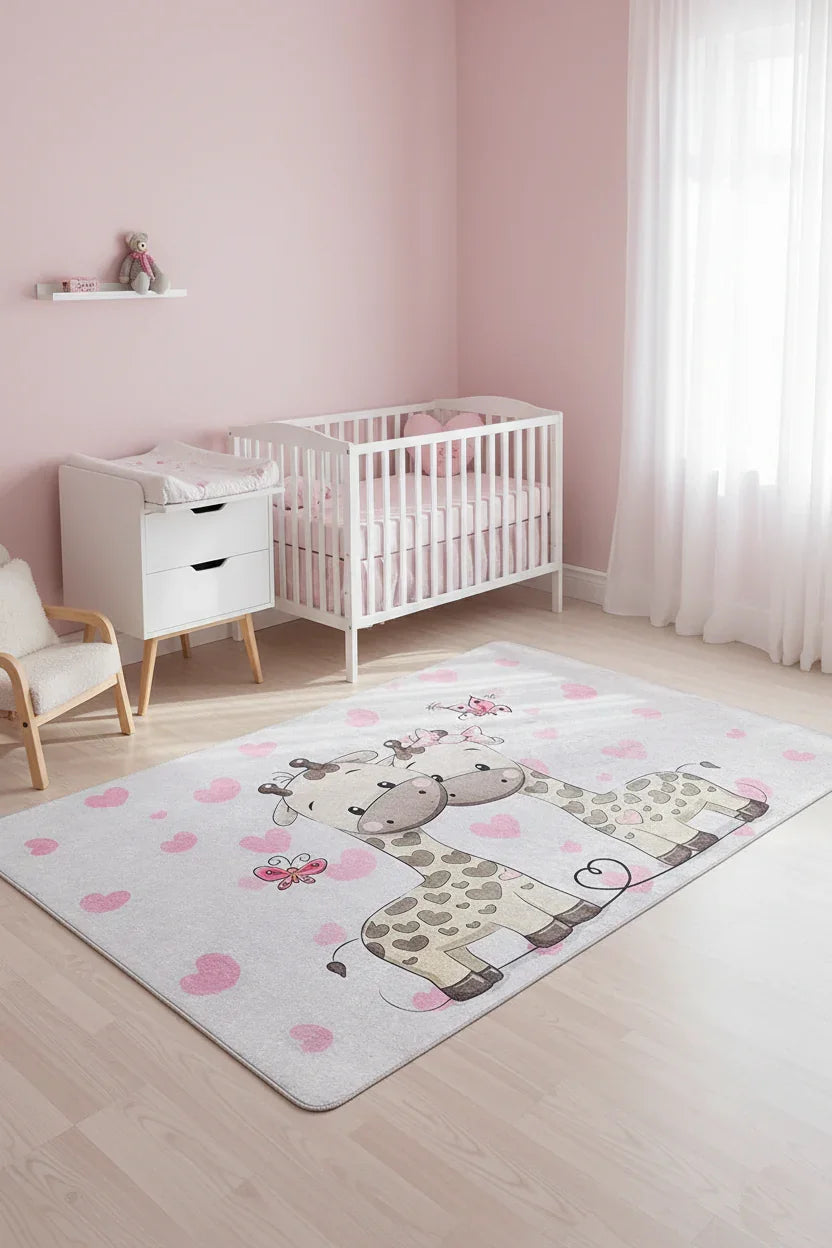 Sevimli Zürafa Desenli Gri Yıkanabilir Çocuk Halısı