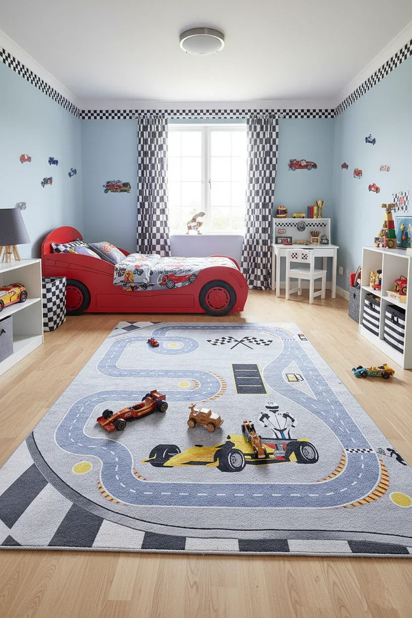 Formula 1 Desenli Gri Çocuk Odası Halısı